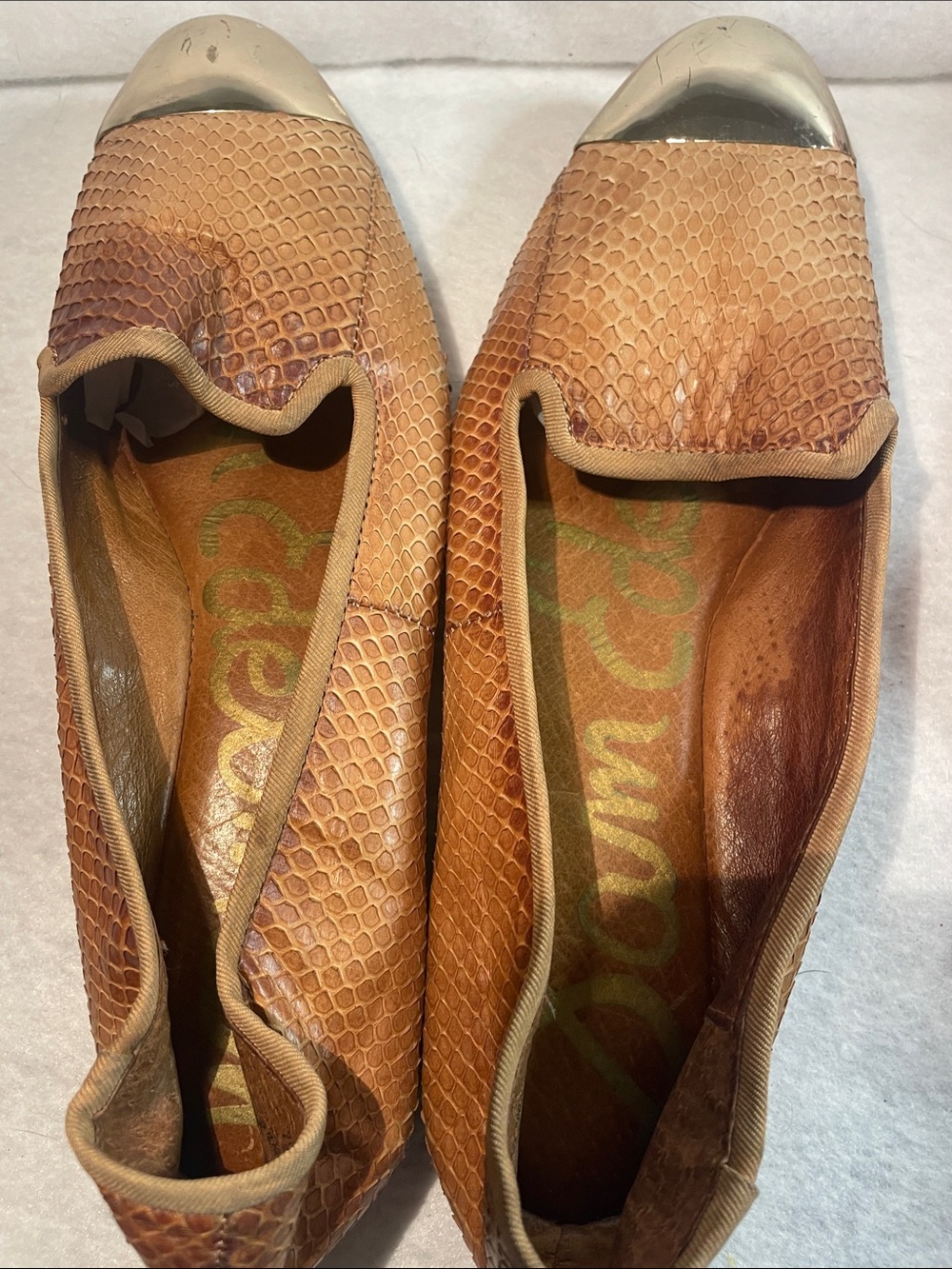 Snake-Texture Tan Leather Flats with Silver Cap Toe Sam edelmom